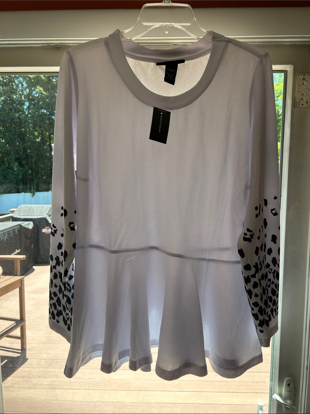 Ashley Stewart White Peplum Blouse with Black Spot Sleeve Detail